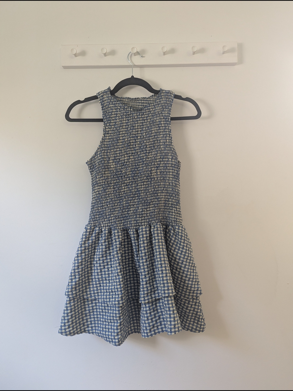Girls Blue Gingham Smocked Tank Dress